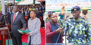 A collage of Ruto oath ceremony in 2017 and mock of the same by the military at Moi International Stadium Kasarani as she supervises preparations of William Ruto's swearing-in ceremony