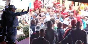 A collage of Sports CS Ababu Namwamba (left) and angry MCAs in Nakuru on Monday August 21, 2023