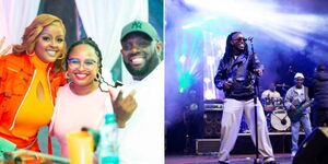 A collage of TV presenter Amina Mohamed together with EABL brand manager for Gilbeys and Gordons Zipporah Ndung'u and media personality G Money  (right) and Bensol performing live at the Gordon's Fun Fair (right) on Saturday February 17, 2024