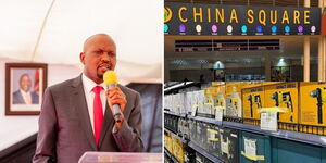 A collage of Trade CS Moses Kuria (left) and aisle at China Square located at Unicity Mall (right)
