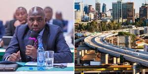 A collage of Transport CS Kipchumba Murkomen (left) and a section of the Nairobi Expressway (right)