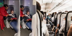 A collage of Transport CS Kipchumba Murkomen on a plane, March 9, 2023 (left) and people inside an aircraft