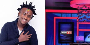 A collage of Tv presenter Peter Njuguna (left) and Inooro Tv studios (right)