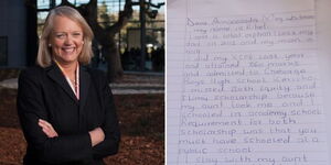 A collage of US ambassador to Kenya Meg Whitman (left) and part of the letter from KCPE candidate Bruno Kibet (right)
