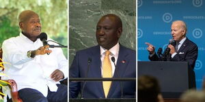 A collage of Uganda president Yoweri Museveni (left), President William Ruto (center) and US president Joe Biden (right)