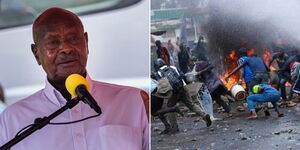 A collage of Ugandan President Yoweri Museveni (left) and protestors in Nairobi on Monday March 20, 2023
