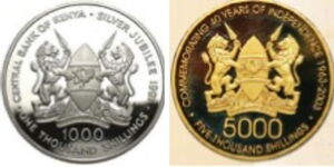A collage of a Ksh1,000 cin and a Ksh5,000 coin
