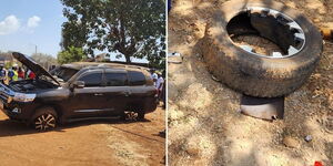 A collage of a Land Cruiser (left) and a tyre (right) involved in an accident on Friday February 17, 2023