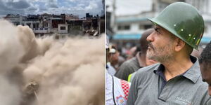 A collage of a building collapsing in Mombasa on Saturday May 27, 2023 (left) and Mombasa Governor Abdulswamad Sharrif Nassir (right)