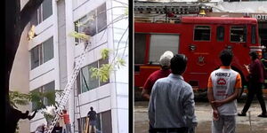 A collage of a hotel on fire in Mumbai (left) and fire fighters at the scene on Sunday August 27, 2023