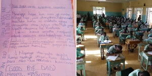 A collage of a letter from a KCPE candidate to her father (left) and students sitting for their exams (right