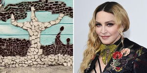 A collage of a mural in Kibera (left) and American singer Madonna (right)