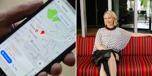 A collage of a person using the phone for directions (left) and Australian songwriter and voiceover artist Karen Jacobsen