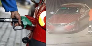 A collage of a petrol station attendant fueling a car and a vehicle captured by CCTV in Kenya