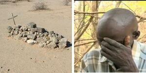 A collage of a stone grave and the husband of the woman who collapsed and died in Baringo County.jpg