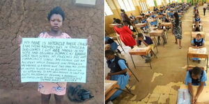 A collage of a student appealing for help (left) and students sitting for the KCPE (right)
