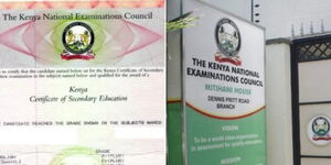 A collage of an example a KCSE certificate (left) and the entrance at KNEC offices