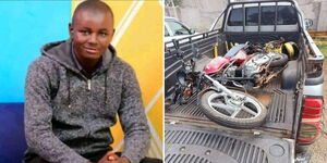 A collage of boda boda rider Nickson (right) and the remains of his bike on a pick-up (left)