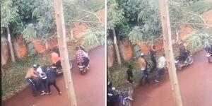 A collage of boda boda riders robbing a man in broad daylight in Uganda on February 25, 2022