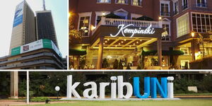 A photo collage of Teleposta Towers, Villa Rose Kempinski in Westlands, Nairobi and United Nations (UN) complex in Gigiri. 