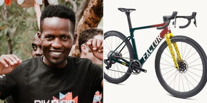 A collage of cyclist Suleiman Kangangi (left) and one of the Ostro Grabel limited bikes (right)