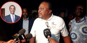 A collage of former President Uhuru Kenyatta at Karen in July 2023 and his son John Jomo Kenyatta