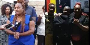 A collage of former detective Jane Mugoh (left, in blue) addressing the media and her (far right) after rescuing 25 girls on Tuesday 17,January 2023