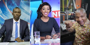 A collage of journalist Trevor Ombija (left), Wangechi Wa Muriuki (centre) and Bonnie Musambi (left) in different studios