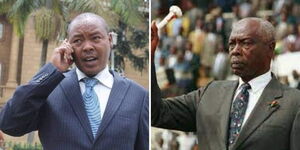 A collage of veteran lawyer Juma Kiplenge(right)  and late Ex-President Daniel Arap Moi (left)