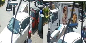 A collage of a man stealing a TV set from a man pulling a trolley