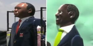 A collage of metal sculptures of retired president Uhuru Kenyatta (left) and president William Ruto (right).