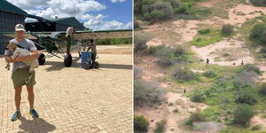 A collage of pilot Roan Carr-Hartleyand an aerial view of the four-year-old who was found six days after disappearing into the Tsavo wilderness.