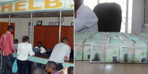A collage of students lining up for HELB loans (left) and several ID at a Huduma centre (right)