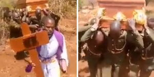 A collage of the GSU officers carrying the coffin led by a pastor