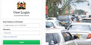 A collage of the NTSA portal login page (left) and motorists stuck in traffic in Nairobi (right).