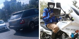 A collage of the Range Rover caught in a speed chase and a traffic police rider