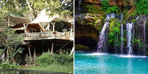 A collage of the Trout fishing and Trout Tree restaurant (left) and Ngare Ndare waterfall (right)