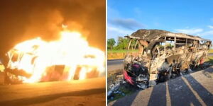 A collage of the bus on fire (left) and after along the Nairobi-Mombasa highway on Friday December 9, 2022