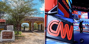 A collage of the entrance at the Samburu National Reserve in Samburu County (left) and inside CNN studios (right) 
