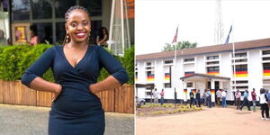 A collage of the late Brenda Kawira (left) and the entrance of the Kasarani Police Station (right)