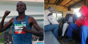 A collage of the late Kelvin Kiptum (left) and three men in a police car on February 14, 2024 (right)