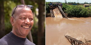 A collage of the late Tom Osinde (left) and a broken bridge at River Kuja (right)