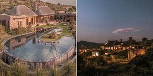 A collage of the pool at the Lengishu House (left) and the overview of the house (right) in Borana Conservancy in Kenya