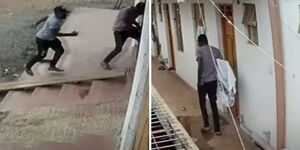 A collage of the two men entering and leaving with a TV screen covered by a sheet