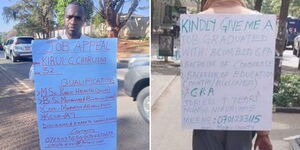 A collage of two graduates Kirui Cheruiyot (left) and Samuel Meeme (right) pleading for jobs on the streets