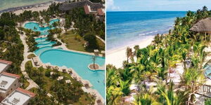A collage swimming pools (left) and the shoreline (right) at the Swahili Beach Resort in Diani 