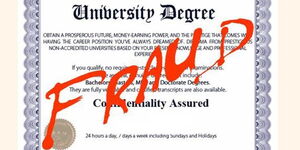 A file image university degree with fraud stamp.