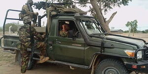 A file photo of KDF soldiers during a patrol in Kotile town on the Garissa-Lamu-Somalia border, as part of the Linda Boni operation aimed at flushing out Al-Shabaab terrorists. 