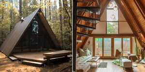 A collage image of an exterior (left) and interior of an A-frame house (right).