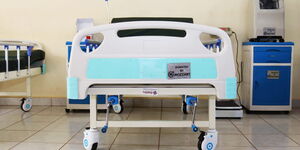 A hospital bed at Waithaka Health Center in Nairobi.